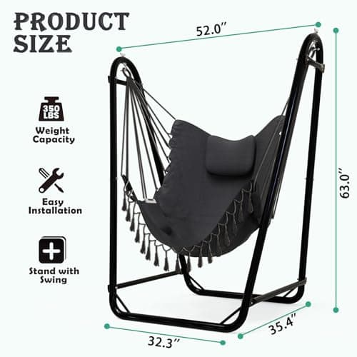 Unique U-Shaped Hammock Chair with Stand,Sturdy & Rust-Resistant,Free Gray Cotton Hammock Chair