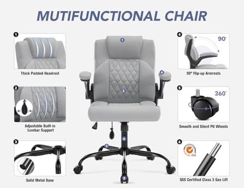 Office Chair with Adjustable Inflatable Lumbar Support,Leather Ergonomic Computer Desk Chair with Flip-up Arms,Adjustable Tilt Lock,Swivel Rolling Executive PC Chair for Work,Study,Meeting.Grey