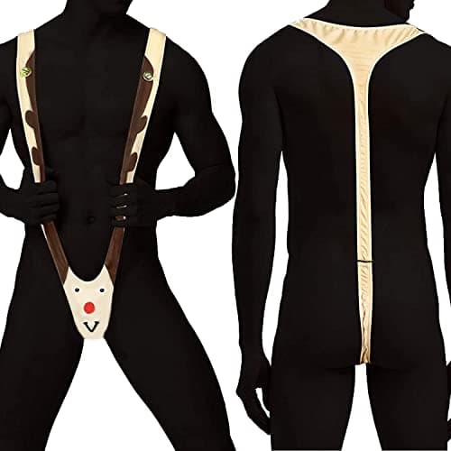 Christmas Gag Gift Funny Underwear Mens Reindeer Halloween Costume Mankini Thong w/Bells, Naughty White Elephant Gifts for Adults, Dirty Secret Santa Gifts for Men Him, Prank Stocking Stuffers for Men
