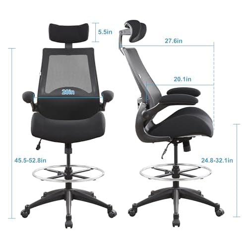 BOLISS Drafting Tall Office Chair 400lbs High Back Wide Standing Desk Chair Comfortable with Flip up Armrests Lumbar Support Adjustable Big Footrest Ring(Black)