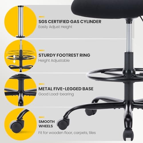 Sweetcrispy Tall Drafting Desk Chair - Ergonomic High Stool Computer with Adjustable Height and Comfy Lumbar Support, Office Rolling Counter with Flip-up Arm and Footrest, Black