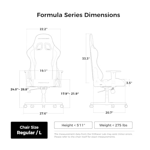 DXRacer Formula L Ergonomic Gaming Chair for Adults, Reclining Video Office Computer Chair with Lumbar Support and Headrest, Racing Style Height Adjustable (PVC Synthetic Leather, Zero)