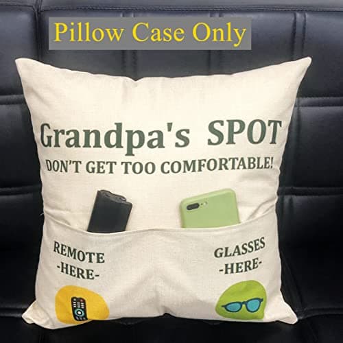 Grandpa Gifts,2-Pocket Grandpa’s Spot Throw Pillow Covers 18x18 Inch + Engraved Spoon, Fathers Day Birthday Christmas Thanksgiving Day Gifts for Papa, Granddad