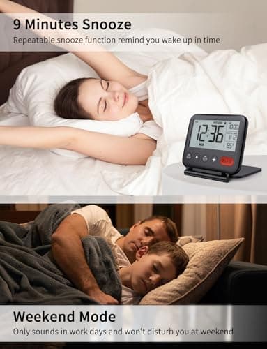 NOKLEAD Digital Travel Alarm Clock for Bedroom Office: Small LCD Desk Clock with Backlight Date Temperature Snooze 12/24H Weekend Mode and Mirror, Battery Powered Folding Bedside Clock for Adult Kids