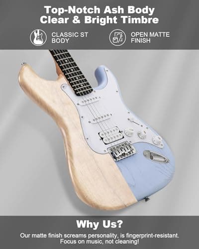 RVONE RST-150 39”Beginner Electric Guitar Kit with Amplifier, Classic HSS Pickup, Electric Guitar with Gig Bag, Capo, Strap, Extra Strings, Digital Tuner, 3 Picks, Cleaning Cloths (1-Blue)