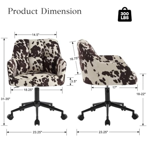 CIMOTA Cow Print Office Chair with Wheels, Height Adjustable Swivel Desk Chair with Arms & Mid Back, Comfy Fabric Vanity Computer Chair for Home Office/Living Room/Bedroom