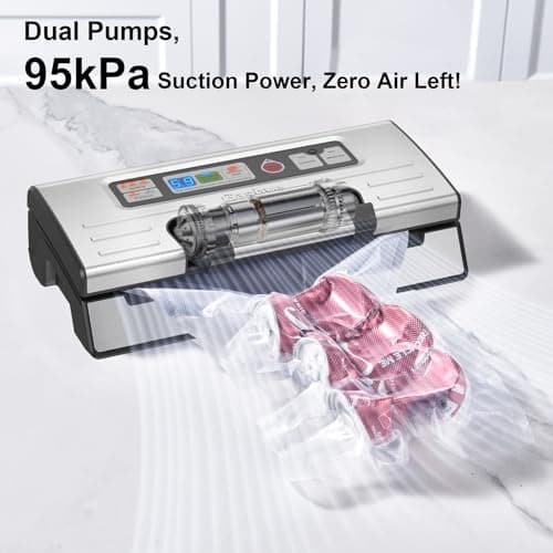 Gasbye Vacuum Sealer Machine, 95kPa Food Sealer with Double Heat Seal for Dry/Moist Food, Easy-lock Handle, Built-in Bag Storage & Cutter, Progress Display, Removable Drip Tray, Silver