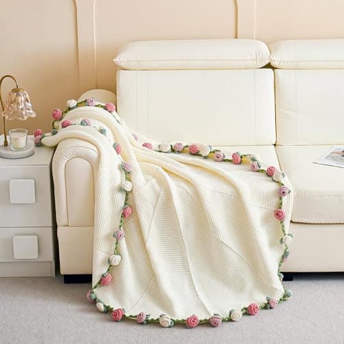 Crochet Flower Bouquet Throw Blanket, Handmade Knitted Blanket with Rose Flowers, Cute Romantic Gift for Her Girlfriend Mom Mother’s Day Valentine Wedding Anniversary Birthday, Pink and White B0FDK649NZ