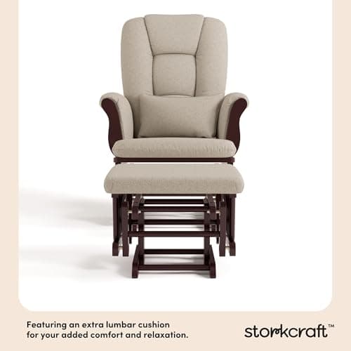Storkcraft Tuscany Custom Glider and Ottoman with Free Lumbar Pillow (Espresso/Taupe Swirl) - Cleanable Upholstered Comfort Rocking Nursery Chair with Ottoman