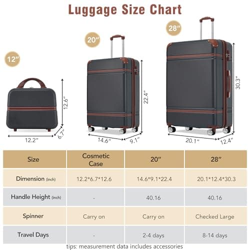 Merax Luggage Set 2 Piece Suitcase Set with Cosmetic Case Expandable Spinner Wheels Vintage Luggage Sets(Black,20"+28")