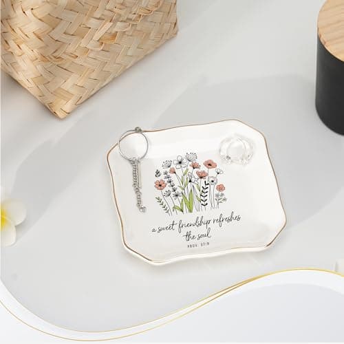 Soul Sister Gift for Women Christian - Sweet Friendship 4.5"X4.5" Floral Ceramic Jewelry Dish Tray - Tricket Dish HEXMOZ Friendship Gifts for Women Friends - Best Friend Birthday Gift Ideas B0FHHBVHR6