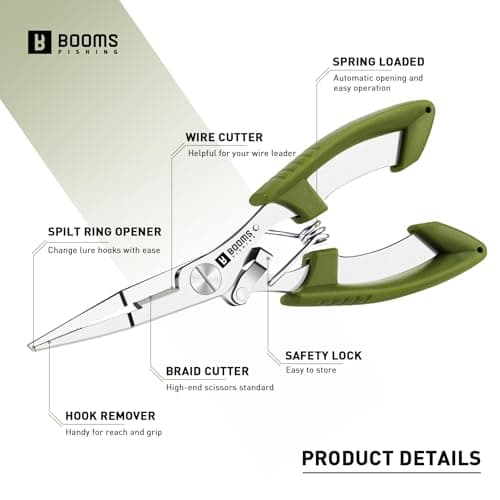 Booms Fishing H01 Small Fishing Pliers Scissors Braid Cutters Lightweight Stainless Steel Fishing Tools Split Ring Pliers Hook Remover, Green