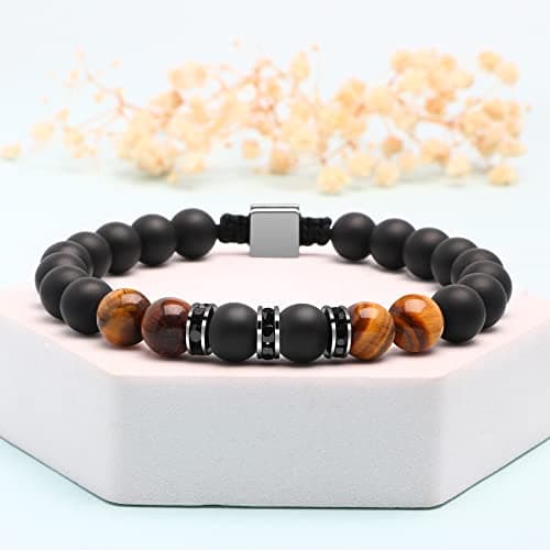 JoycuFF Gifts for Men Natural Tiger Eye Black Matte Agate Bracelets, Christmas Birthday Gifts for Boyfriend Husband Brother from Girlfriend Wife, To My Man Bead Bracelets