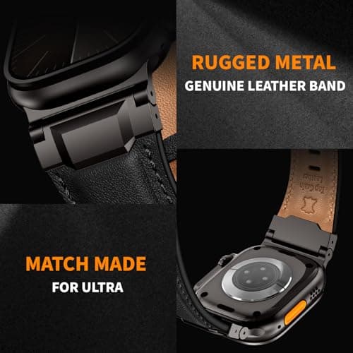 LOIRNBR Leather Bands Compatible with Apple Watch Ultra 3/2/1 Band 49mm 46mm 45mm 44mm 42mm Men, Genuine Leather Metal Connector Strap for iWatch Ultra Series 11/10/9/8/7/SE/6/5/4/3/2/1, Black/Black