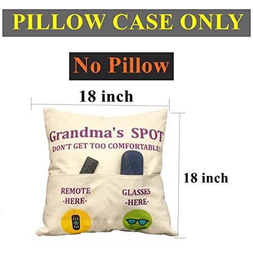 Grandma Gifts, 2-Pocket Grandma’s Spot Throw Pillow Covers 18x18 Inch + Engraved Spoon, Birthday Christmas hanksgiving Day Gifts for Grandma Mom Gigi Nana Mimi