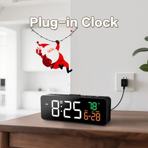 Netzu 3-in-1 Digital Clocks for Living Room with Temperature, Date & Time Display - 4 Levels Birghtness, 3 Volumes, Small & Compact Plug-in Alarm Clock for Bedroom, Office (Black)