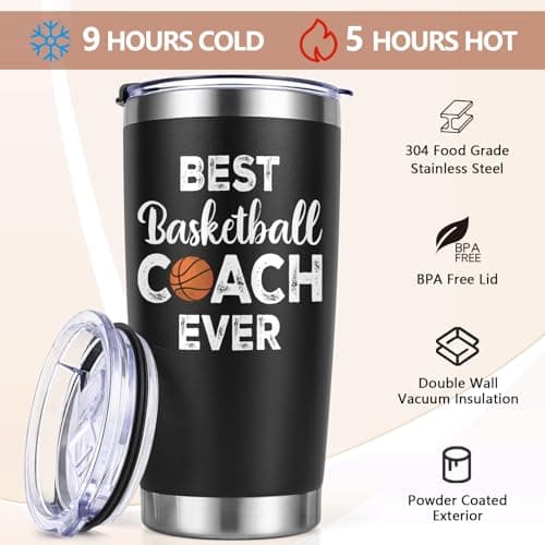Lifecapido Basketball Coach Gifts, 20oz Coach Insulated Tumbler with Key Chain, Basketball Coach Appreciation Gifts for Men, Black