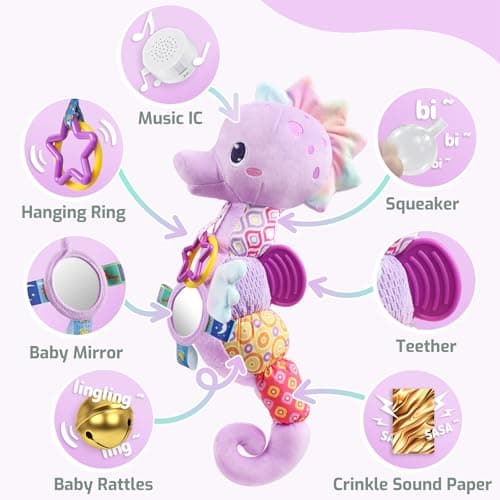 Multi-Sensory Seahorses Toys with Crinkle, Rattle and Textures, for Tummy Time Newborn 0-3-6-12 Months Girls Gifts - Purple Sumobaby Baby Toys Musical Stuffed Animal Activity Soft Toys with Mirror B0FSKSCRGH