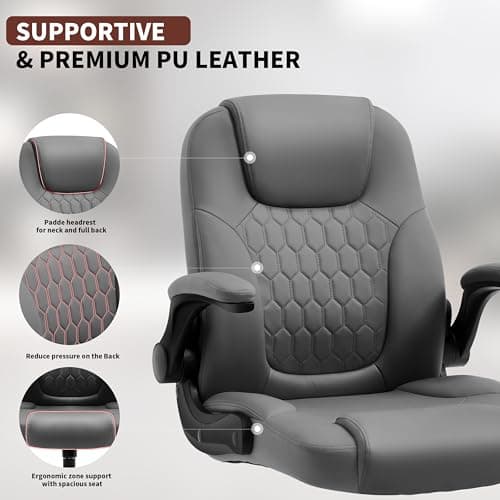 Executive Office Chair PU,Leather Office Chair with Wheels,360° Swivel Rolling Chair with Padded Arms,Ergonomic Computer Chair with Lumbar Support for Short People Use (Grey)