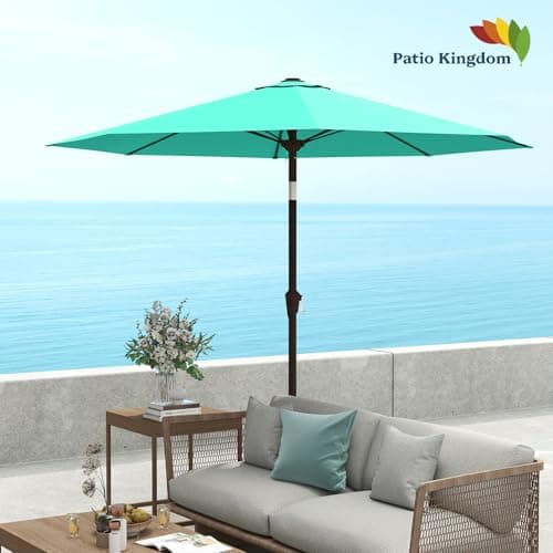 9FT Patio Umbrella with Fiberglass Ribs, Outdoor Market Table Umbrella with Crank and Tilt, UV Resistant Waterproof Canopy for Patio, Garden, Deck, Pool, Turquoise Blue