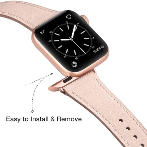 MNBVCXZ Leather Bands Compatible with Apple Watch Band Women, Womens Genuine Replacement Strap for iWatch Series 11 10 9 8 7 6 5 4 3 2 1 SE 3 SE 2 SE (42mm 41mm 40mm 38mm, Pink Sand/Rose Gold)