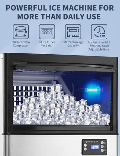 Commercial Ice Maker Machine, 130lbs/24H, 30 Lbs Ice Storage Bin, Fast Making Ice in 5-15 Mins, Auto-Clean, Timer Function, Freestanding or Undercounter for Restaurant,Coffee Shop, Food Truck and Bar