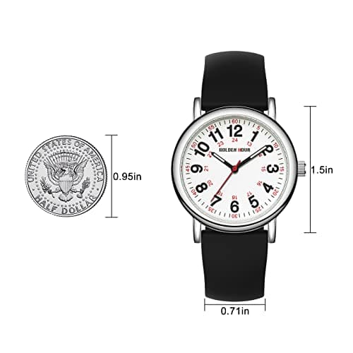 GOLDEN HOUR Waterproof Nurse Watch for Medical Professionals, Students Women Men - Military Time Luminouse Easy Read Dial, 24 Hour with Second Hand, Colorful Silicone Band