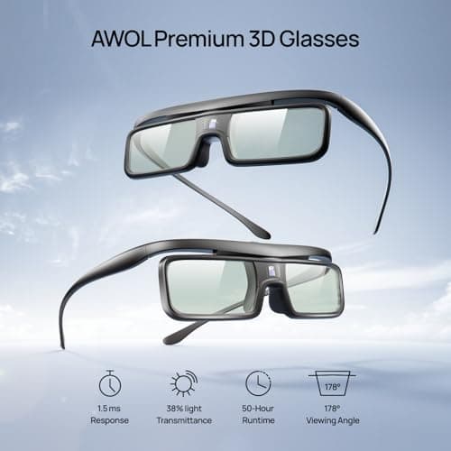 AWOL VISION DLP Link 3D Glasses, Rechargeable Active Shutter Eyewear Compatible with AWOL VISION LTV-3000 Pro and LTV-3500 Pro, Vanish TV & Other DLP-Link 3D projectors (2 Packs)