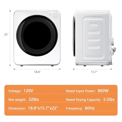 DOGHLY 120V Portable Electric Clothes Dryer, 800W Compact Laundry Dryer, Easy Control, 1.6 Cu.Ft Front Load Stainless Steel Electric Dryers Machine with Simple Control Knob for Apartment, RV, Dorm