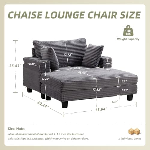 60'' Oversized Chaise Lounge Chair Indoor, Corduroy Upholstered Lounge Sofa with Wood Frame, Comfy Lounge Chaise with Pillows and Cup Holder, Deep Seat Lounge Chair for Living Room Bedroom