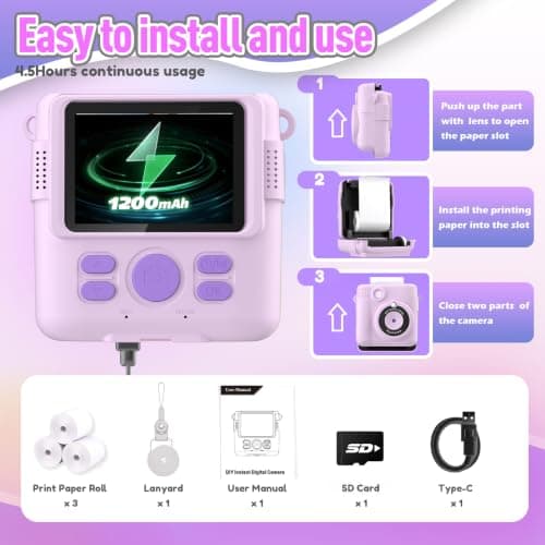 Instant Print Camera for Kids, Christmas Birthday Gifts for Girls Boys, HD Digital Video Cameras for Toddler, Portable Toy for 4 5 6 7 8 9 10 Year Old Girl with 32GB SD Card-Purple