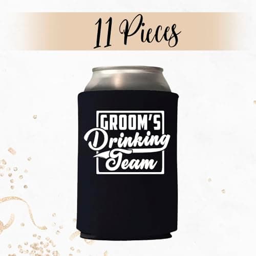 Veracco Groom's Drinking Team Can Coolie Holder Bachelor Party Wedding Favors Gift For Groomsmen Proposal (12, Wht Groom, Blk DT)