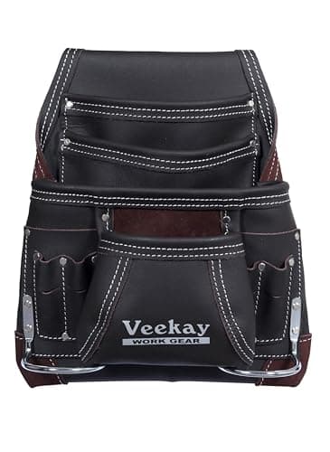 VEEKAY 10 Pockets Men Resin Finish/Oil Tanned Leather Tool Pouch White and Brown Bags Fastener Carpenter's Nail, Tool Heavy Duty Steel Hammer Loop, Belt Loop for Electrician Technician Installers