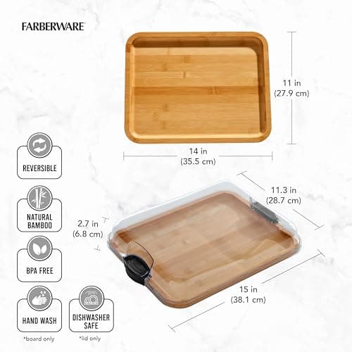 Farberware Bamboo Cutting Board with Clear Locking Lid, 11x14 Inch Charcuterie Board with Handles - Reversible Serving Board for Cheese, Meats, Snacks and More B0D2RRK7CS