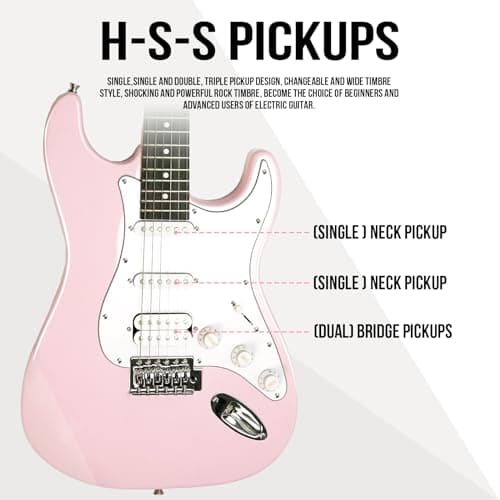 Soulmate 39 Inch Full Size Electric Guitar Starter Kit for Beginners Solid Body, HSS Pickups with 15W Amp, Gig Bag, Capo, Strap, Strings, Cable, Picks (Right-Handed,Pink)