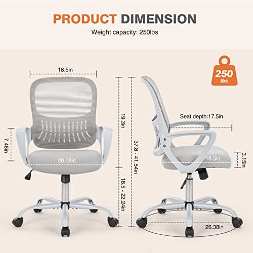 Sweetcrispy Ergonomic Mid-Back Mesh Home Office Desk Chair with Wheels, Managerial Executive Chair with Lumbar Support, and Comfortable Armrests for Home, Bedroom, Study, Office, Grey