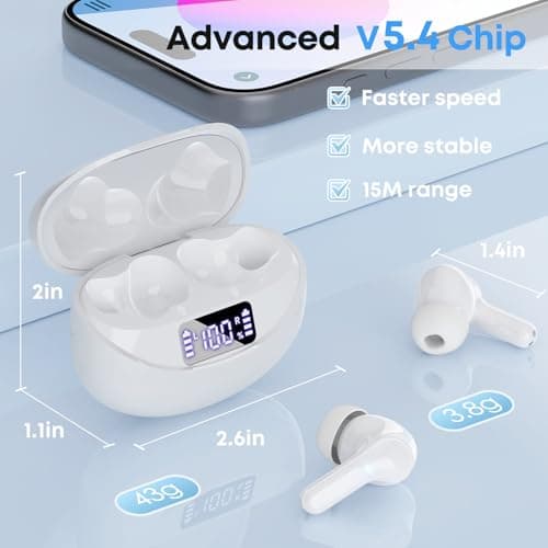 Fhumsh Wireless Earbuds, Bluetooth 5.4 HiFi Stereo Headphones with Noise Cancelling Mic, 50H Playback in Ear Buds with LED Digital Display, IPX7 Waterproof Earphones for Office/Running/Workout White