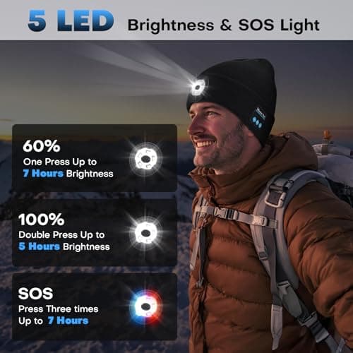 Bluetooth Beanie with Light, USB-C Charging 5 LED Flashlight Hat, Built-in Stereo Speakers Mic, Christmas Stocking Stuffers White Elephant Gifts for Men Dad Teens Boys for Camping Fishing B0DJ17Q4X3