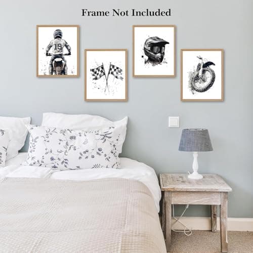Motocross Wall Art MotoBike Art Prints Boy Room Decor Black&White Motorcycle Dirt Bike Motorcycle Helmet Canvas Pictures Artwork for Nursery Decor Kids Room Wall Decor,Set of 4(8”X10”inch,Unframed).