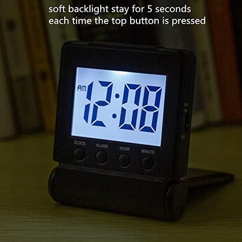 FAMICOZY Compact Digital Travel Alarm Clock with High/Low Volume Options,Simple to Set,Easy to Read,Bold Digits,Snooze Backlight,Quality Construction,2 AAA Battery Operated,Black