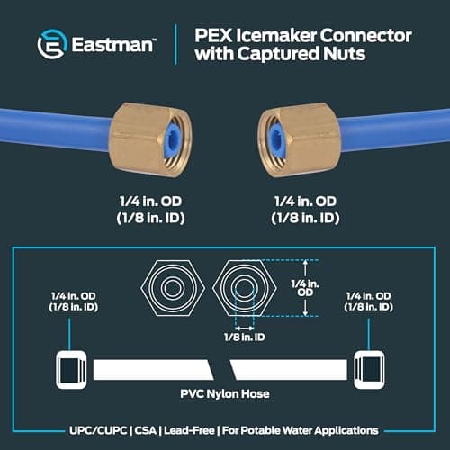 Eastman 8 Foot Flexible PEX Ice Maker Water Connector with Brass Nuts, 48316
