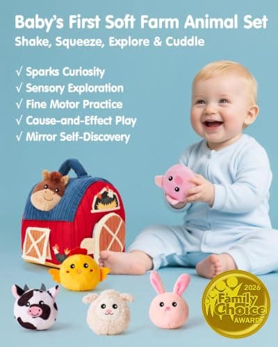 Baby Gifts Christmas Stocking Stuffers 6 Month Old Montessori Toys with Rattle, Crinkle, Texures, Mirror Infant Sensory Balls hahaland Baby Toys 6-12 Months - Surprise Barn Stuffed Farm Animals Plush B0CFX5H5MJ
