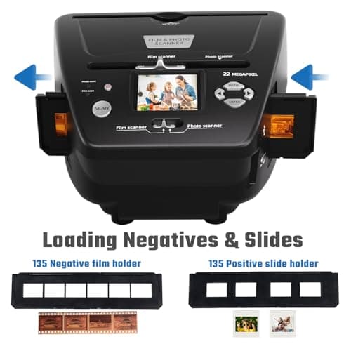 Photo and Slide Scanner with 2.4” LCD Screen, Convert Negatives & Slides 35mm/135 Film, Photo(3R,4R,5R), Business Card to 22MP JPEG Digital Photos, 4GB SD Card Included