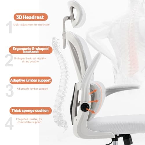 Ergonomic Office Chair Computer Desk Chairs with Flip-up Armrests and Lumbar Support, High Back Mesh Gaming Chairs Rolling Work Swivel Task Chairs with Adjustable Headrest