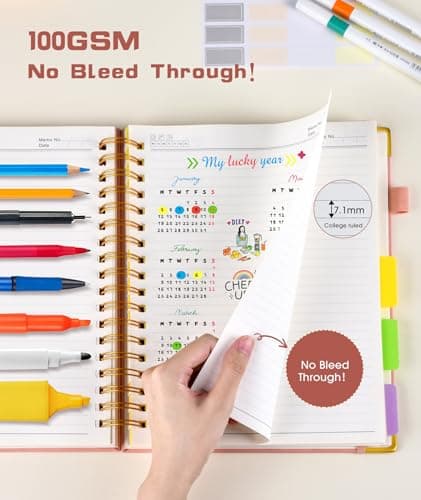 Hardcover Spiral Notebook journal with Removable Dividers Tabs, 300 Pages Leather 5 Subject Notebook College Ruled, 8"x10" Large B5 Notebooks for Work School Note taking, Lined Journal for Women,Pink B0D44Y2NSF