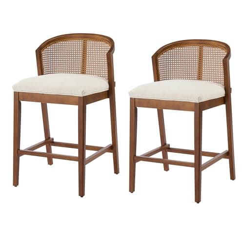 Christopher Knight Home JENA Rattan Counter Stools Set of 2, Counter Height Bar Stools for Bar Table, Rubberwood Frame with Upholstered Barstools, Wood Accent Chair with Footrest, Beige + Walnut