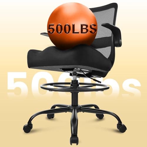 Drafting Chair for Standing Desks, 500LBS Capacity Tall Office Chair with Adjustable Height, Foot Ring, Flip-Up Armrests, Thick Curved Seat for Home Office, Drawing, and Creative Work