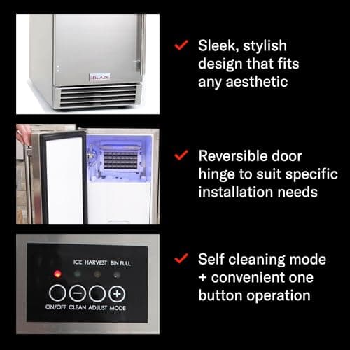 Blaze 15-Inch Outdoor Rated Ice Maker with Gravity Drain – Stainless Steel Machine Produces 50 Lbs. of Ice Daily with 25 Lb. Storage