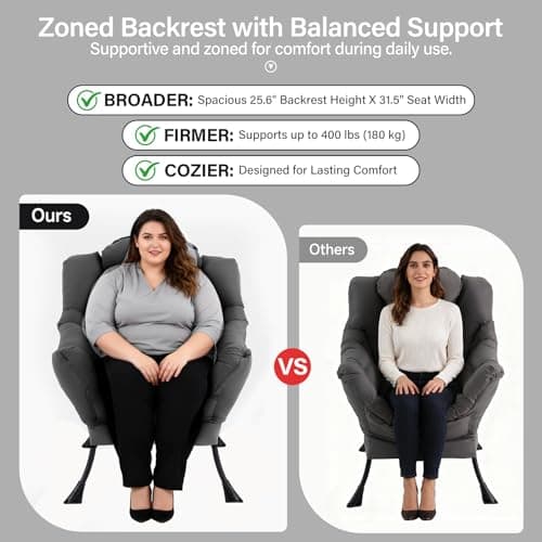 Lazy Chair with Ottoman, Modern Accent Chair with Lumbar Pillow, Dark Grey Sofa, Armchairs with Folding Footrest, Oversized Supportive Chairs for Bedroom, Reading