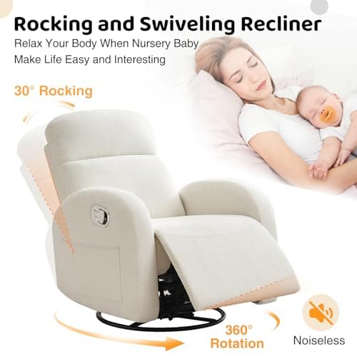 Rocking Recliner Nursery Chair, Swivel Recliner Glider for Nursery with 2 Pockets, Reclining Rocking Chair, Manual Recliners for Living Room, Bedroom, Cream White Chenille